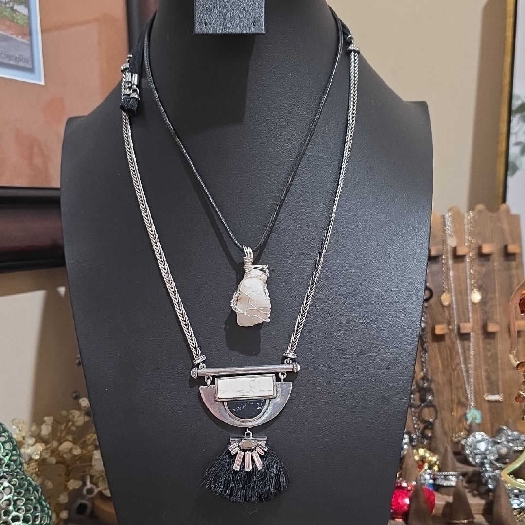 Silver And Black Dual-Layer Pendant Necklace With Tassel